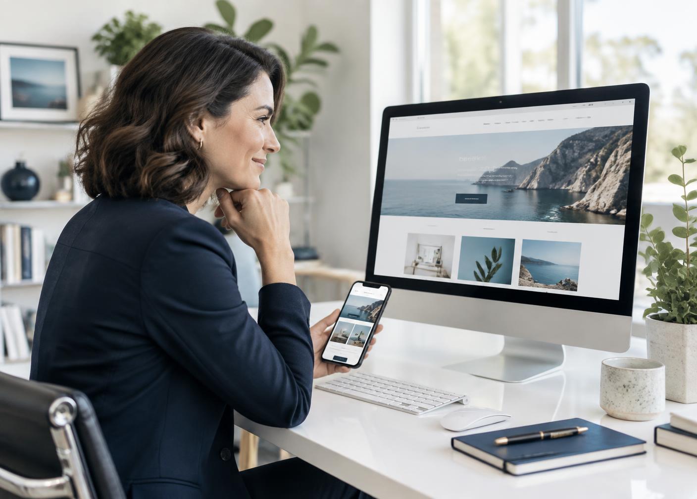 A business owner reviewing a modern website on desktop and mobile